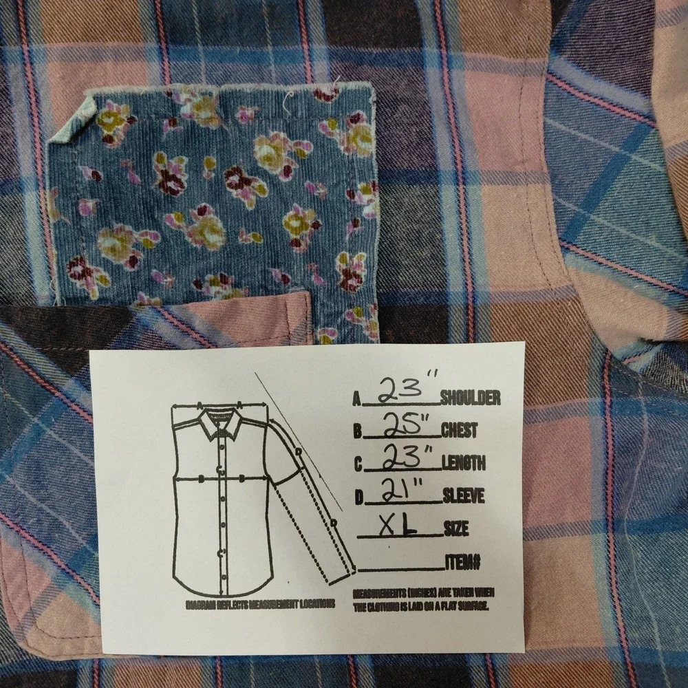 Women's XL Cropped Plaid Flannel Long Sleeve Patchwork‎ Raw Hem Country Western